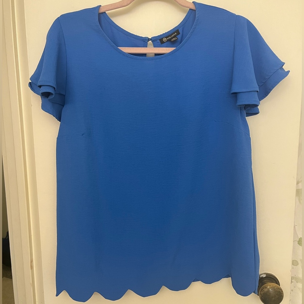 Versona Royal Blue Scallop-Hem Flutter Sleeve Blouse